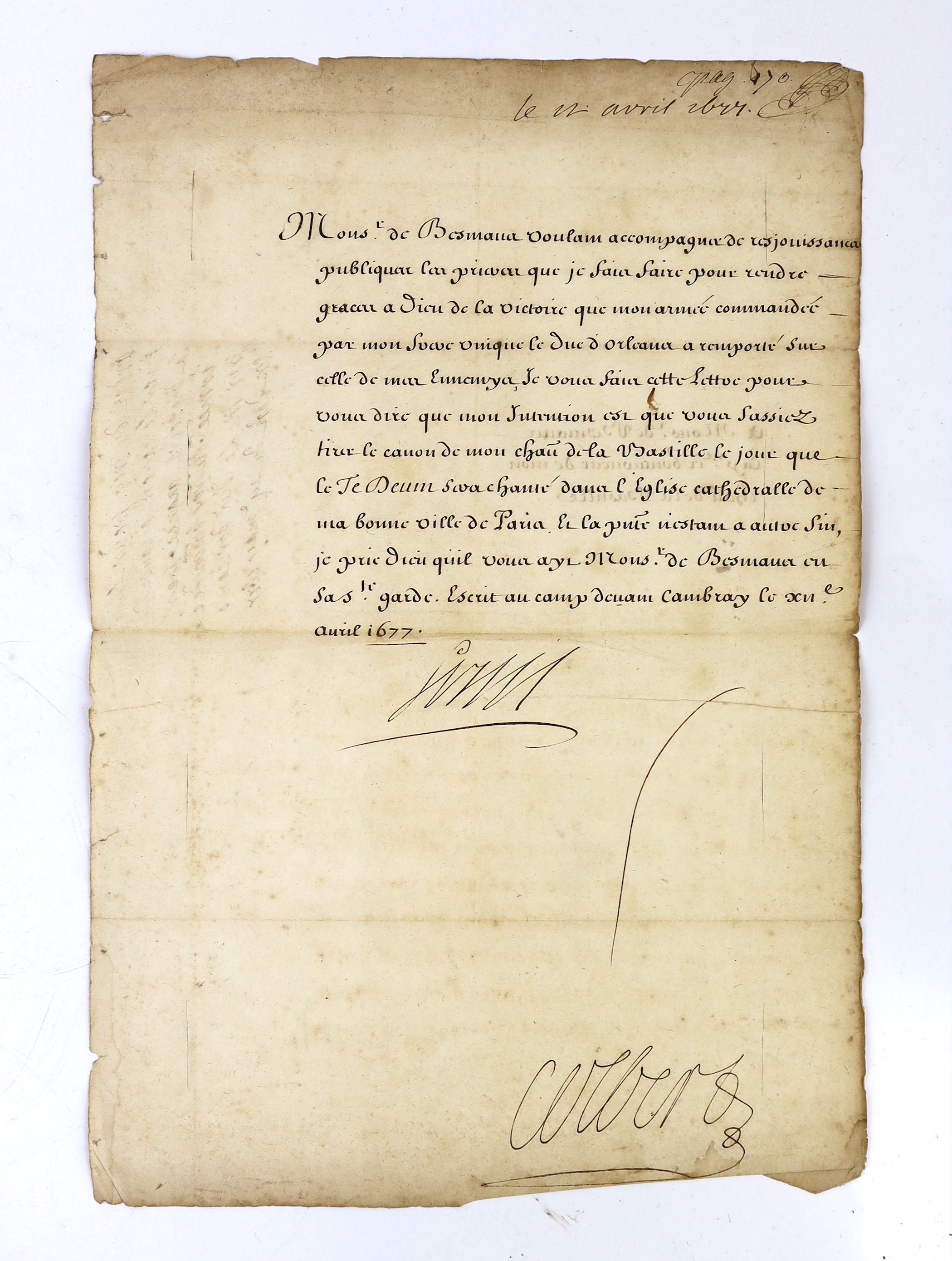 Pre-revolutionary France, 1677-1700, i. Louis XIV, King of France (1638-1715); order, signed Louis, to [François de Montlézun de] Besmaus, governor of the Bastille, Paris